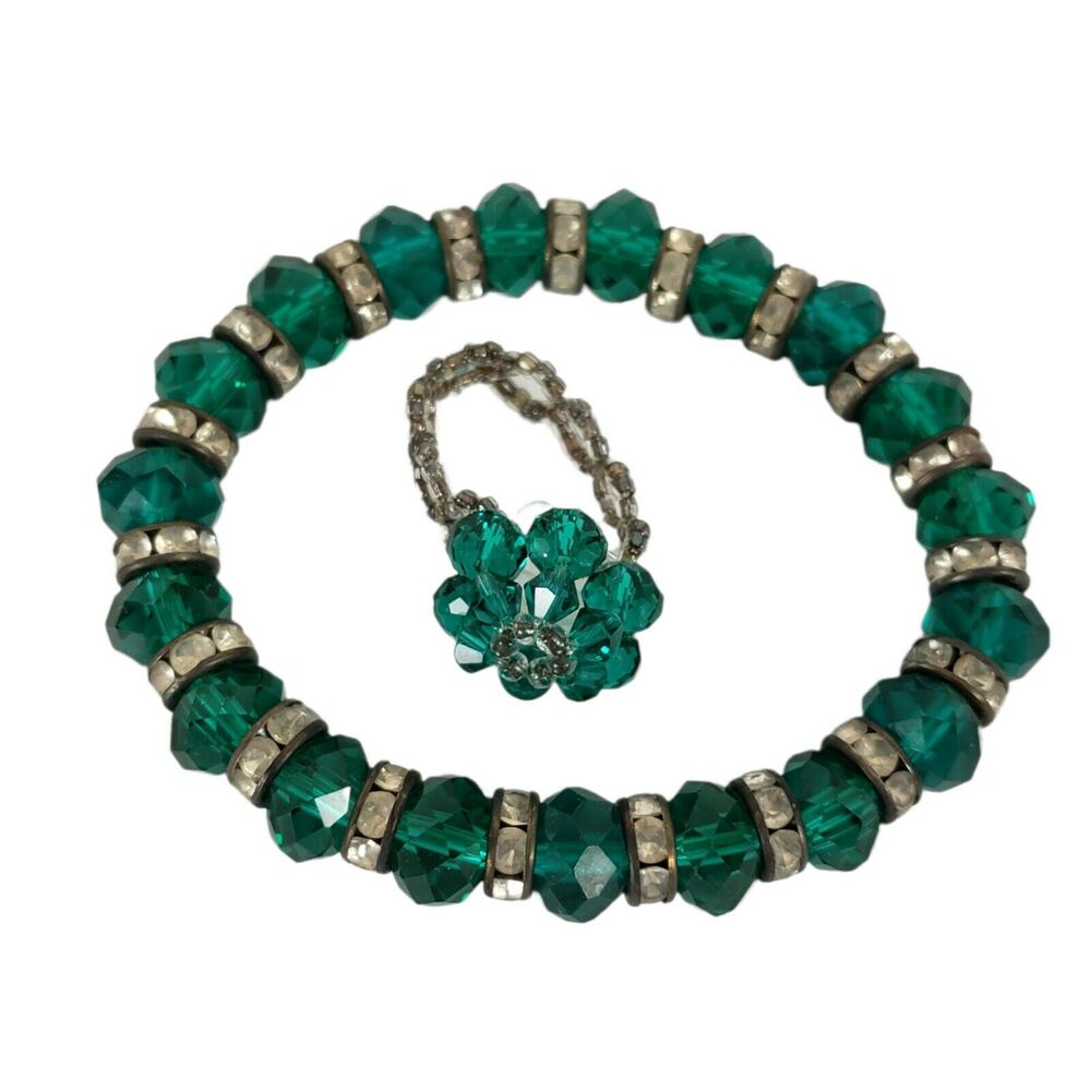 Womens Bracelet Ring 2 Piece Set Stretch Green Faceted Glass Rhinestone Vintage